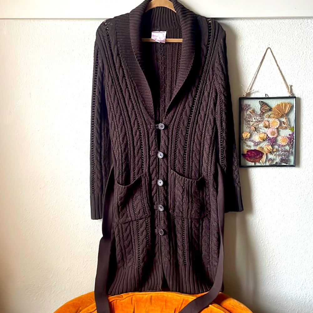 Vintage Romeo & Juliet Couture brown knit button down sweater with belt